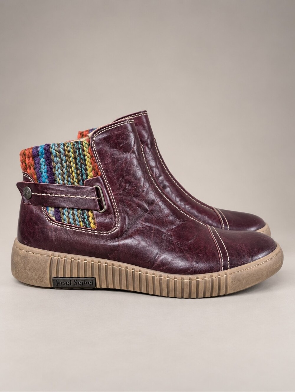 Josef Seibel Maren 07 Burgundy Leather Wool Knit Cuff Ankle Boots EU 40